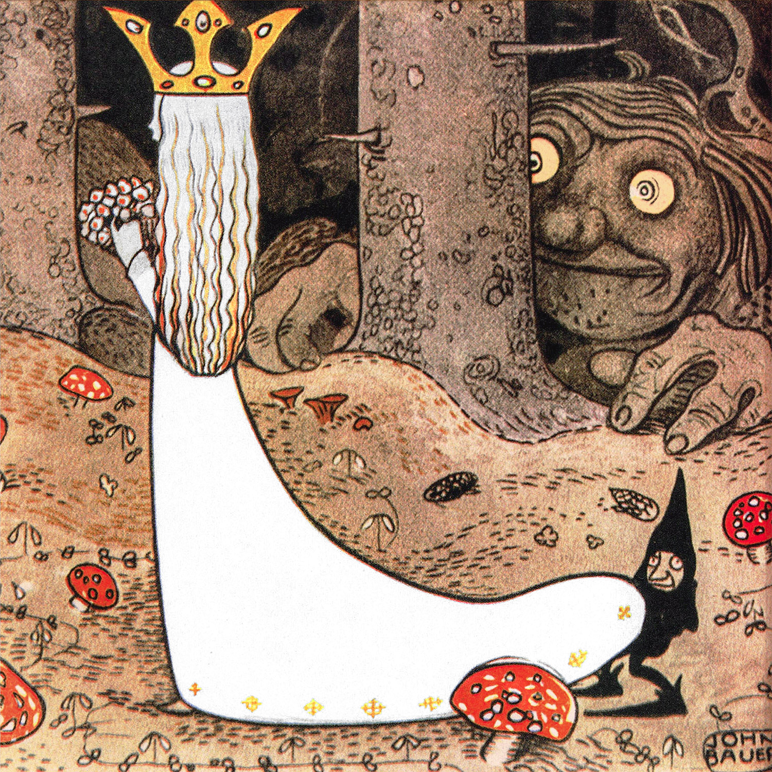 En prinsessa på väg genom en hotfull skog där ett troll ligger på lur bakom ett träd.