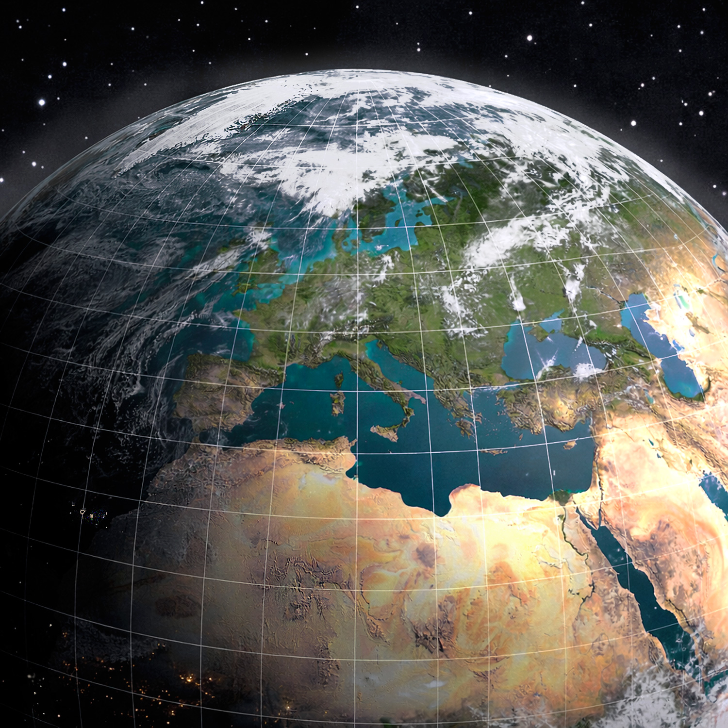Jorden sedd från rymden, men med ett rutnät.