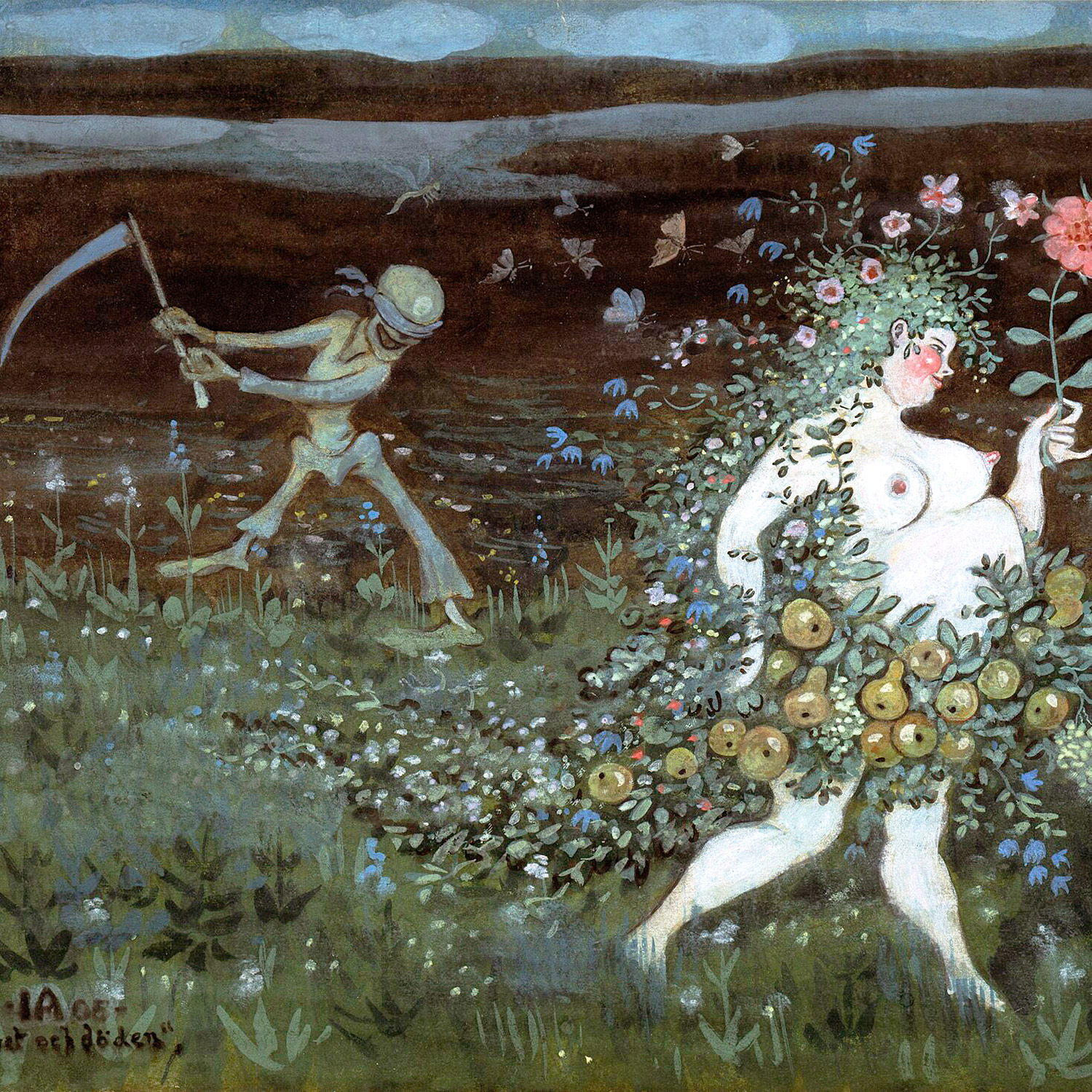 Halvnaken kvinna iklädd blommor och frukter som går över ett fält med liemannen vilt huggande med en lie i bakgrunden.