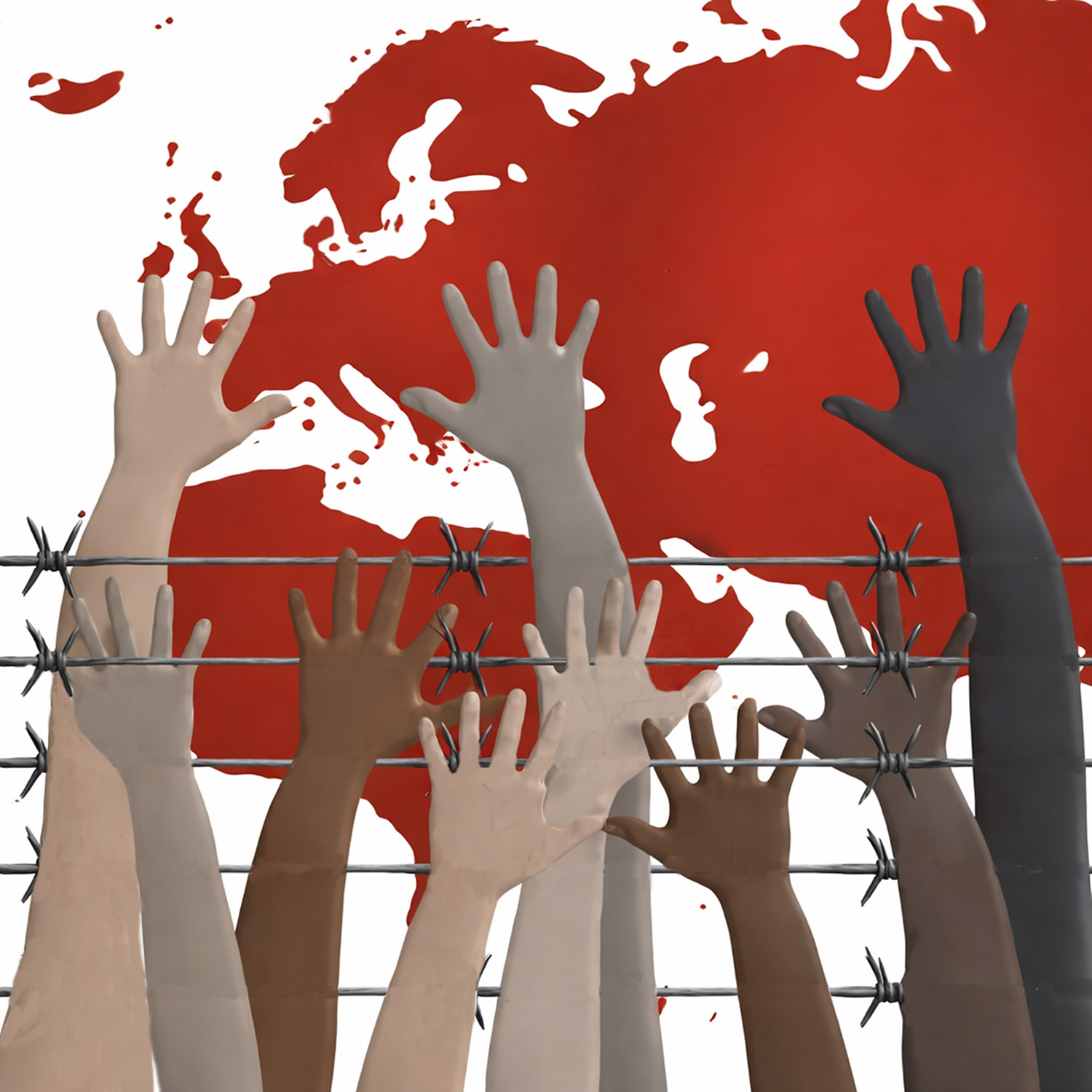 Händer bakom taggtråd. Europa i bakgrunden.