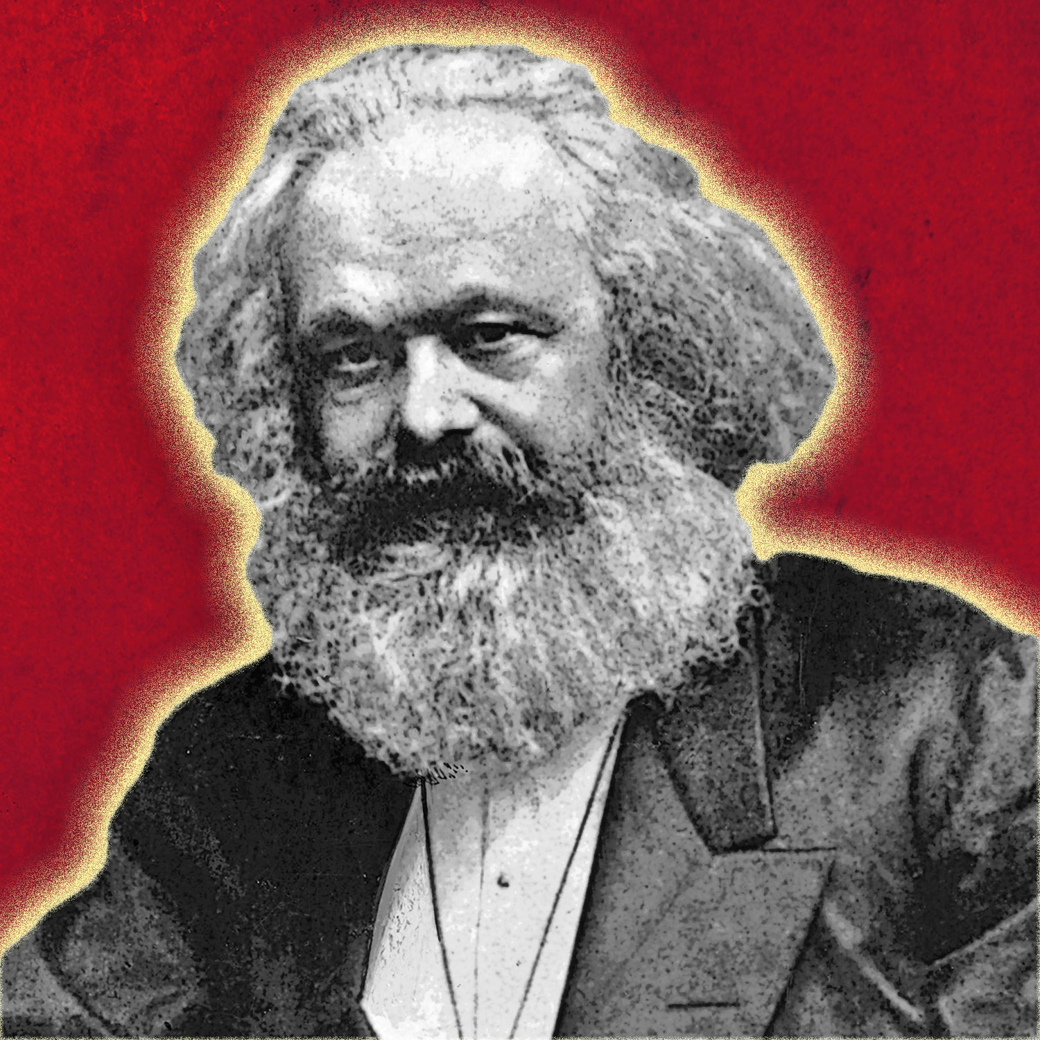 Marx mot röd bakgrund.