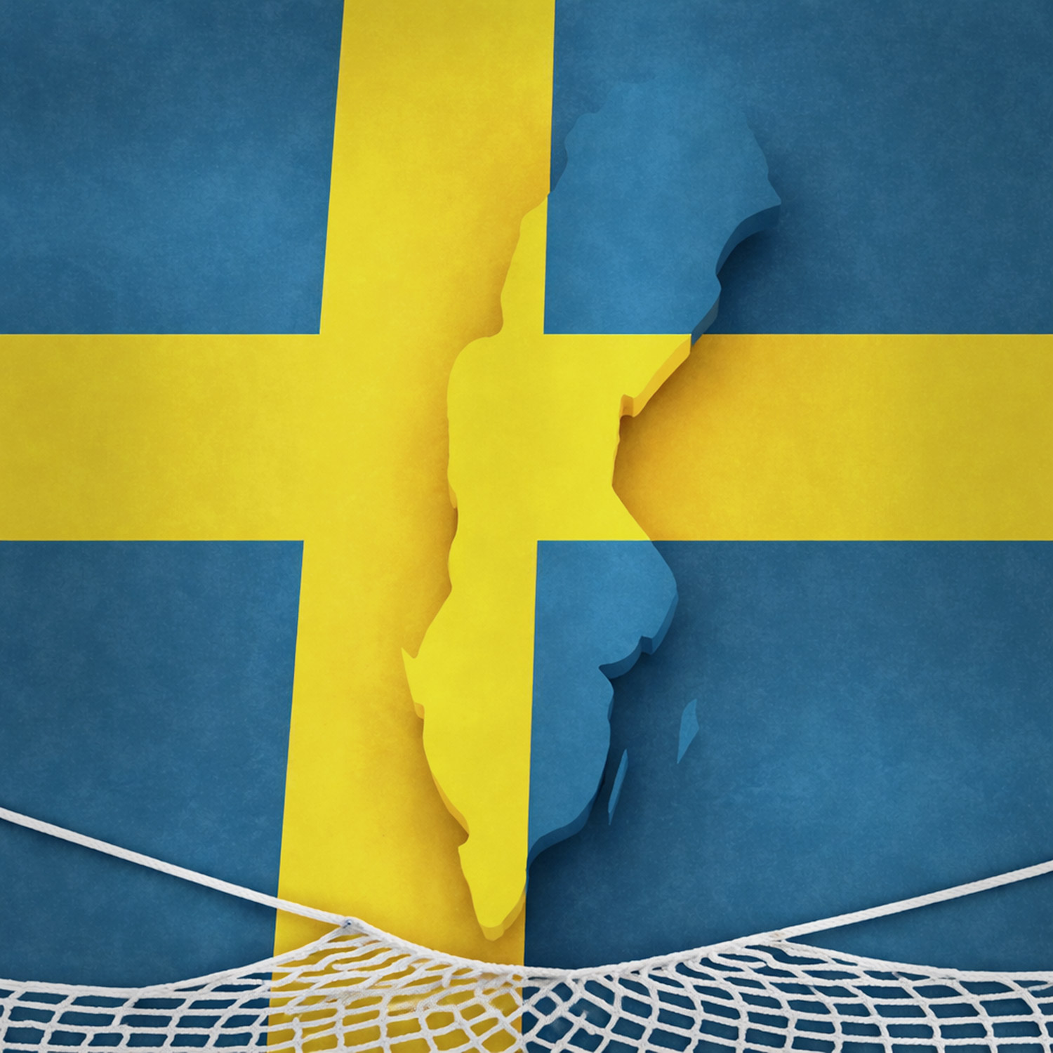 Svensk flagga samt en Sverigekarta med ett skyddsnät under.