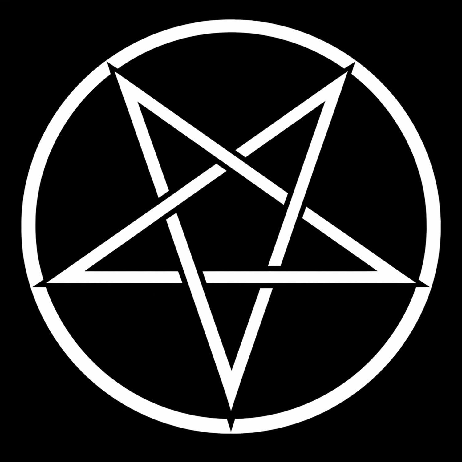 Vitt pentagram mot svart bakgrund.